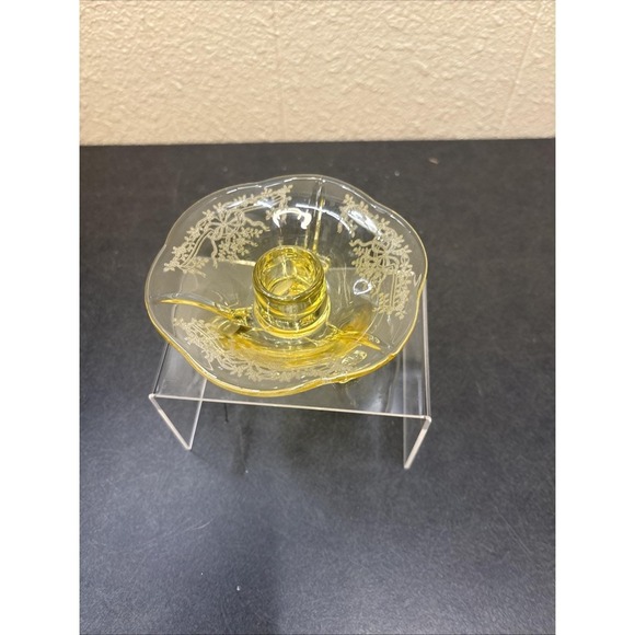 Fostoria Other - Vtg~Fostoria Glass Co~June Etch Topaz Yellow Candlestick~2" Tall~Three Toed